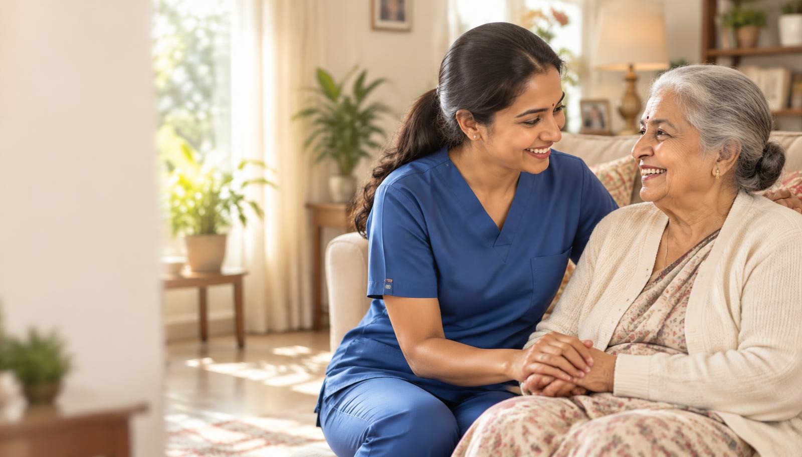 NEMA caregiver holding hands with a smiling elderly woman at home